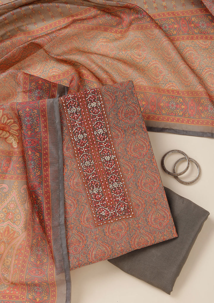 Grey Threadwork Chanderi Unstitched Salwar Suit