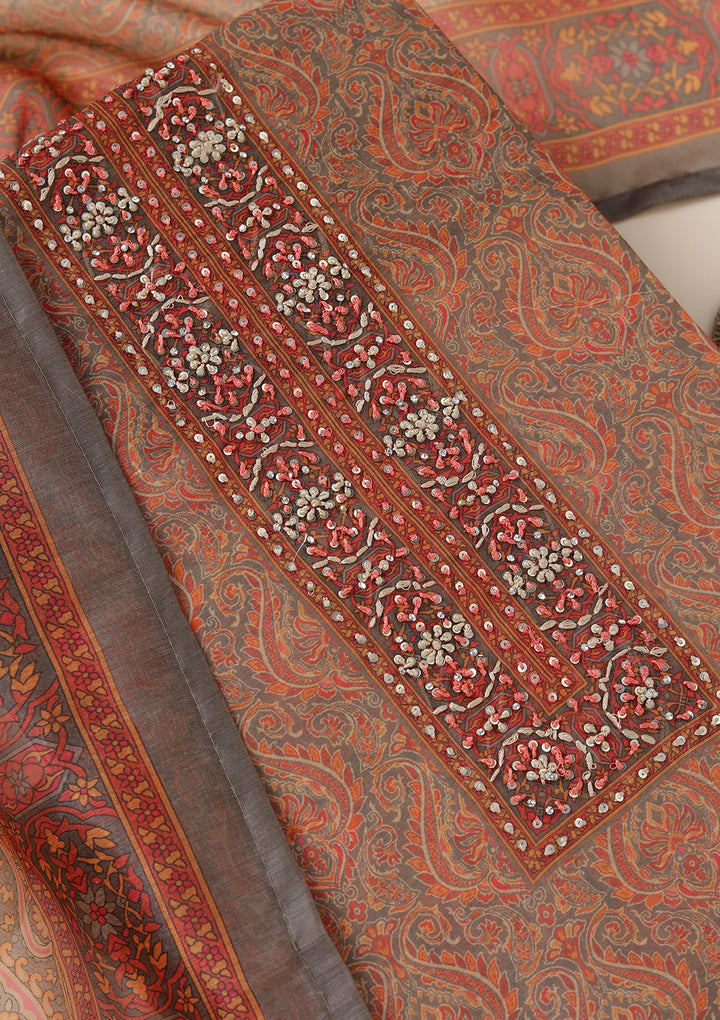 Grey Threadwork Chanderi Unstitched Salwar Suit