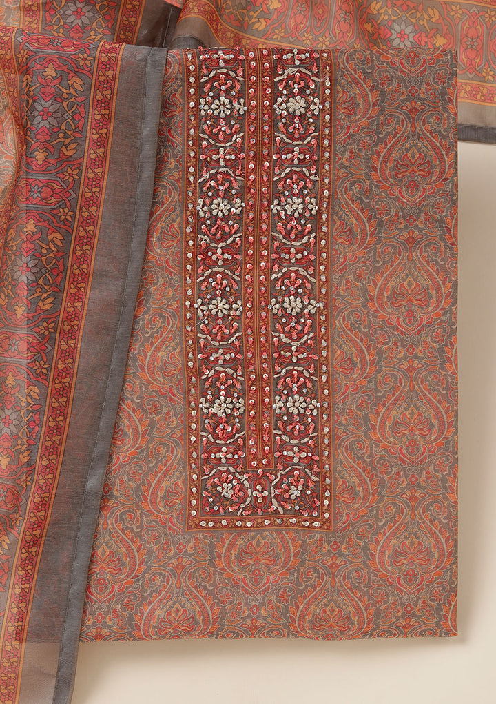 Grey Threadwork Chanderi Unstitched Salwar Suit