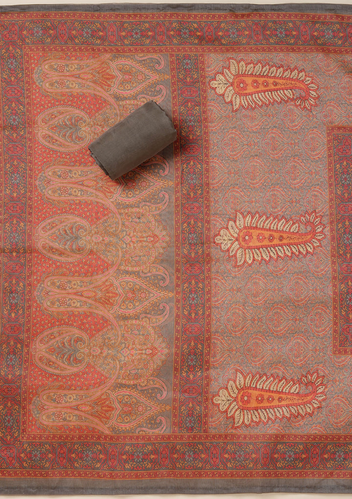 Grey Threadwork Chanderi Unstitched Salwar Suit