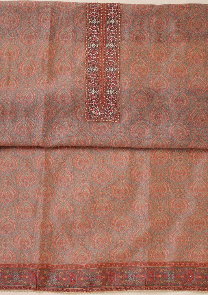 Grey Threadwork Chanderi Unstitched Salwar Suit