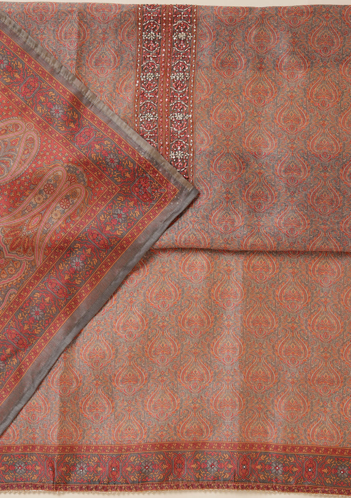 Grey Threadwork Chanderi Unstitched Salwar Suit