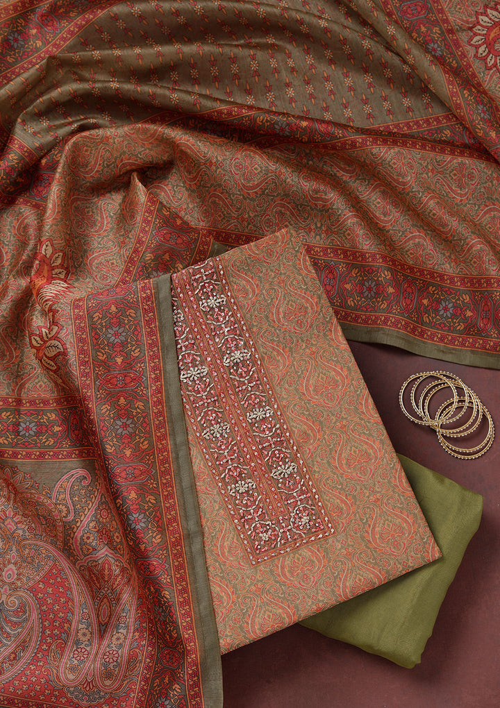 Mehendi Threadwork Chanderi Unstitched Salwar Suit
