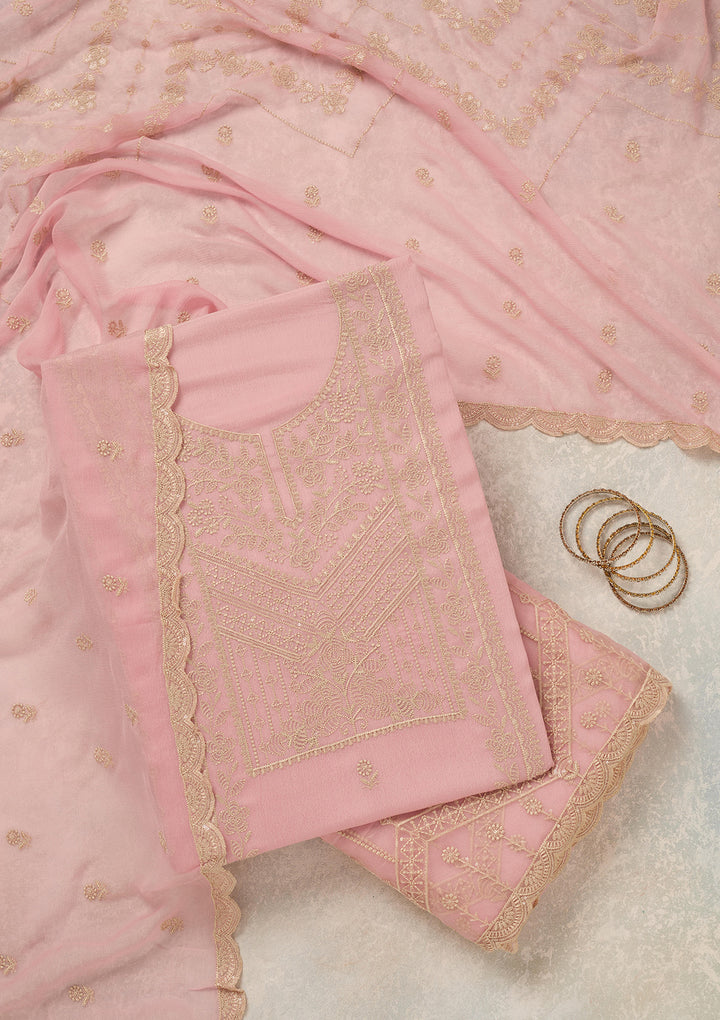 Baby Pink Threadwork Chinon Unstitched Salwar Suit