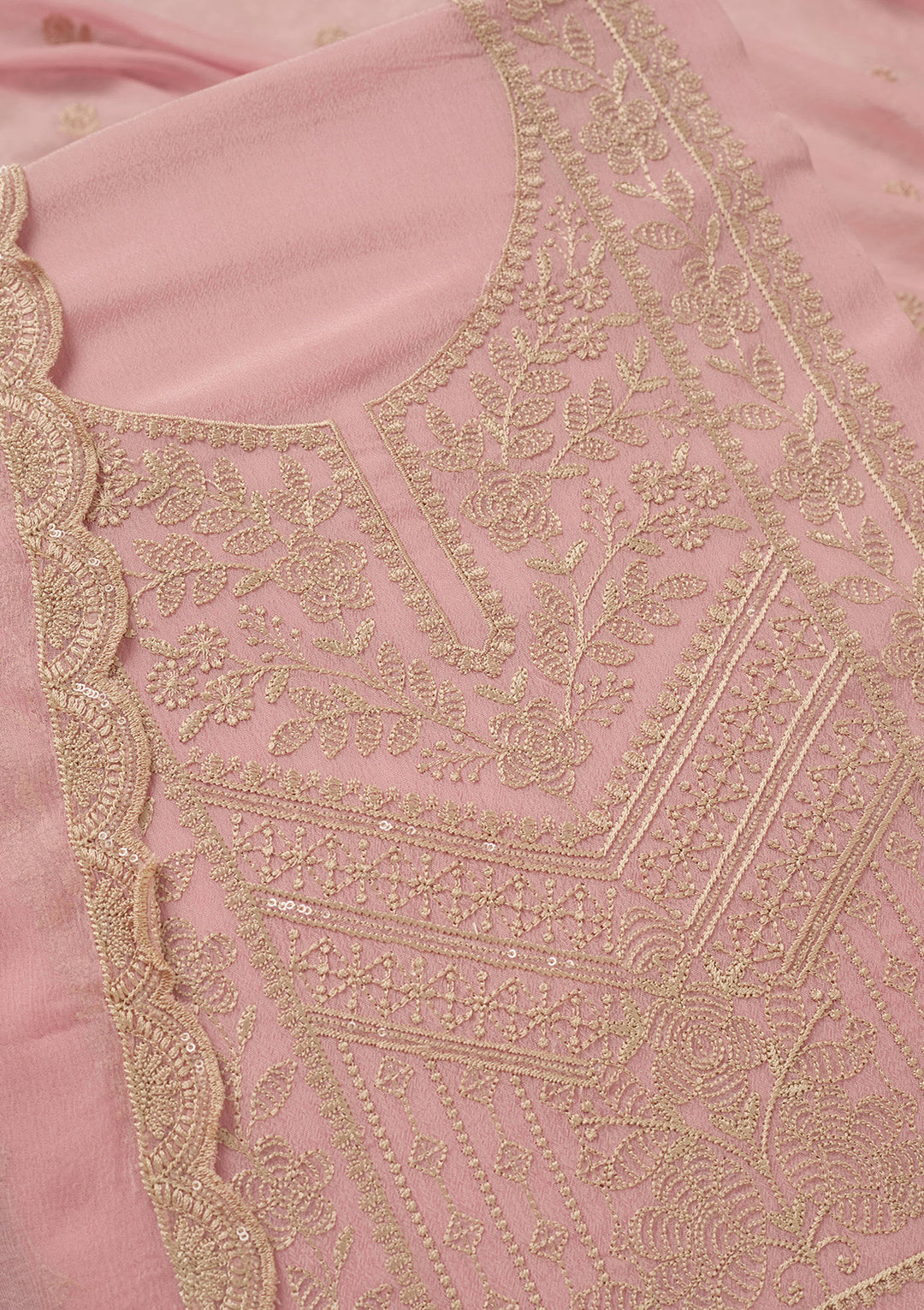 Baby Pink Threadwork Chinon Unstitched Salwar Suit