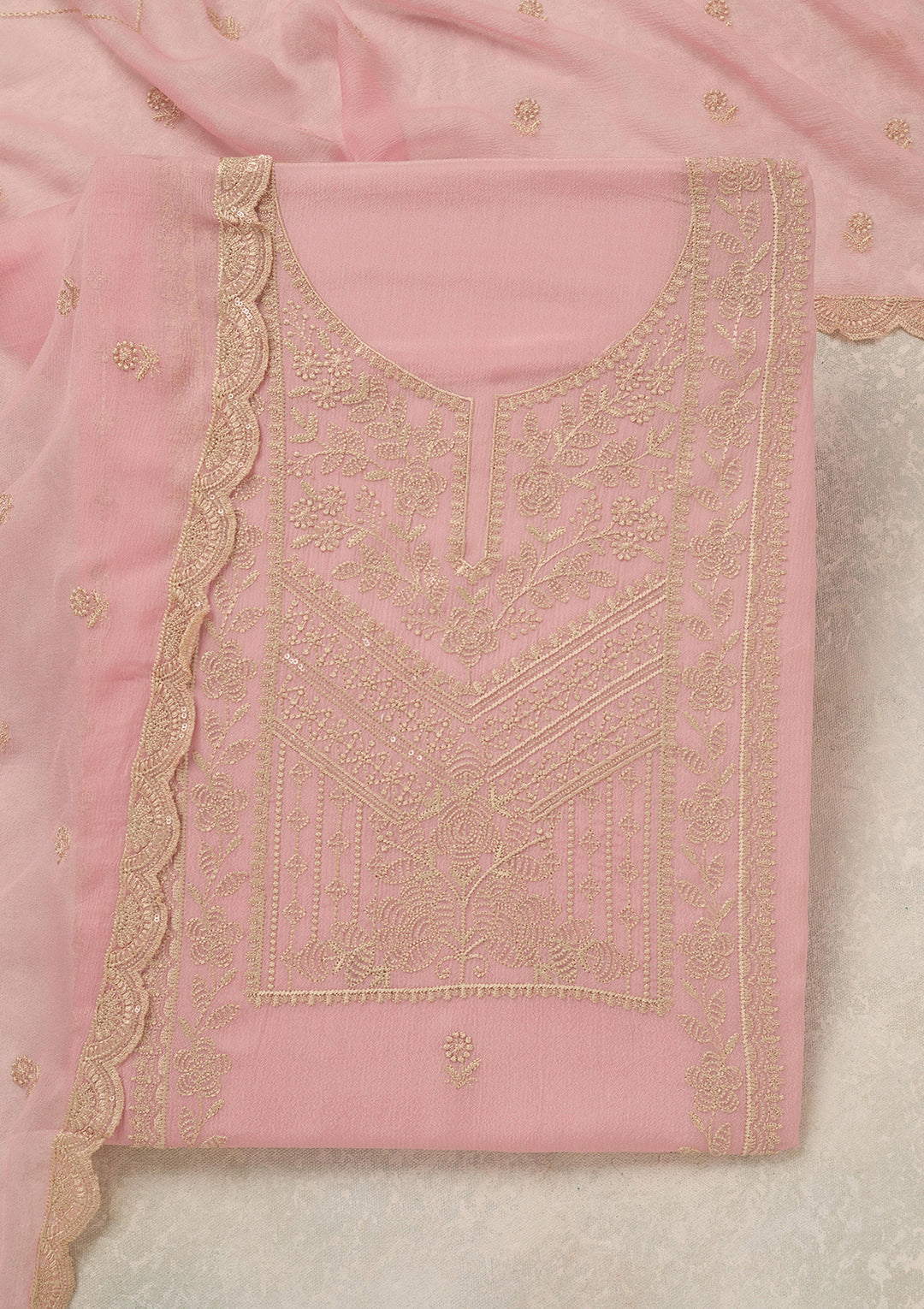 Baby Pink Threadwork Chinon Unstitched Salwar Suit