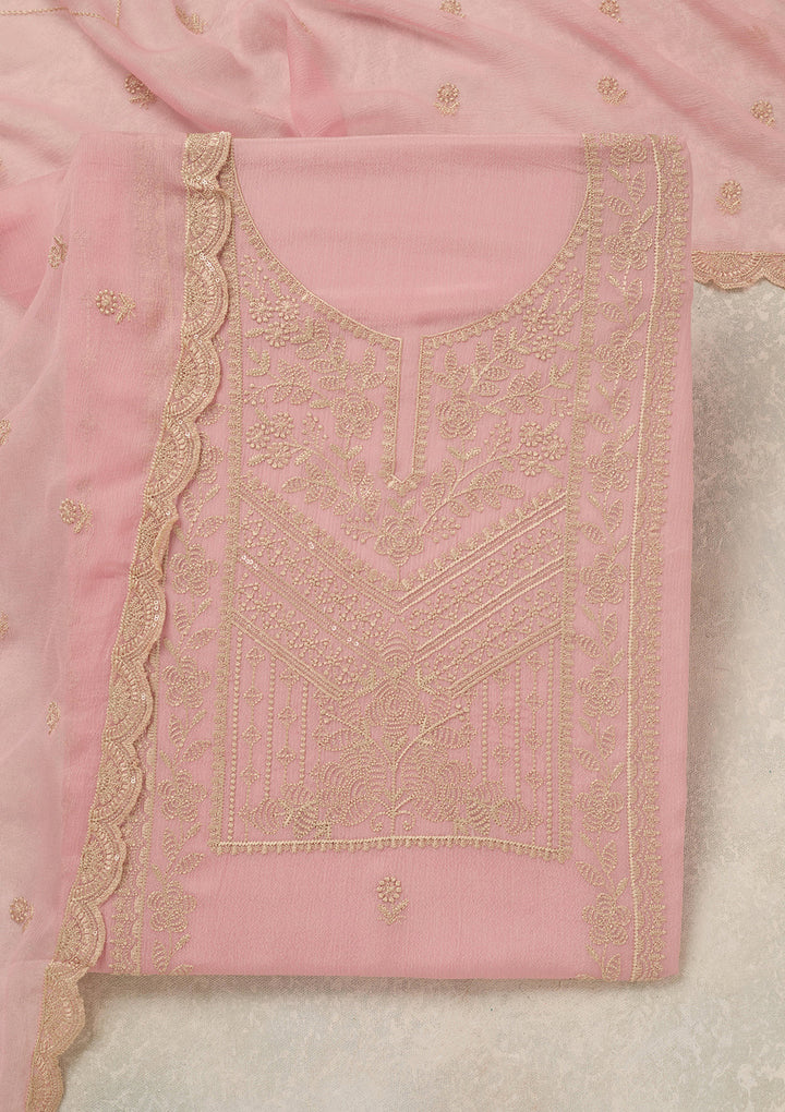 Baby Pink Threadwork Chinon Unstitched Salwar Suit