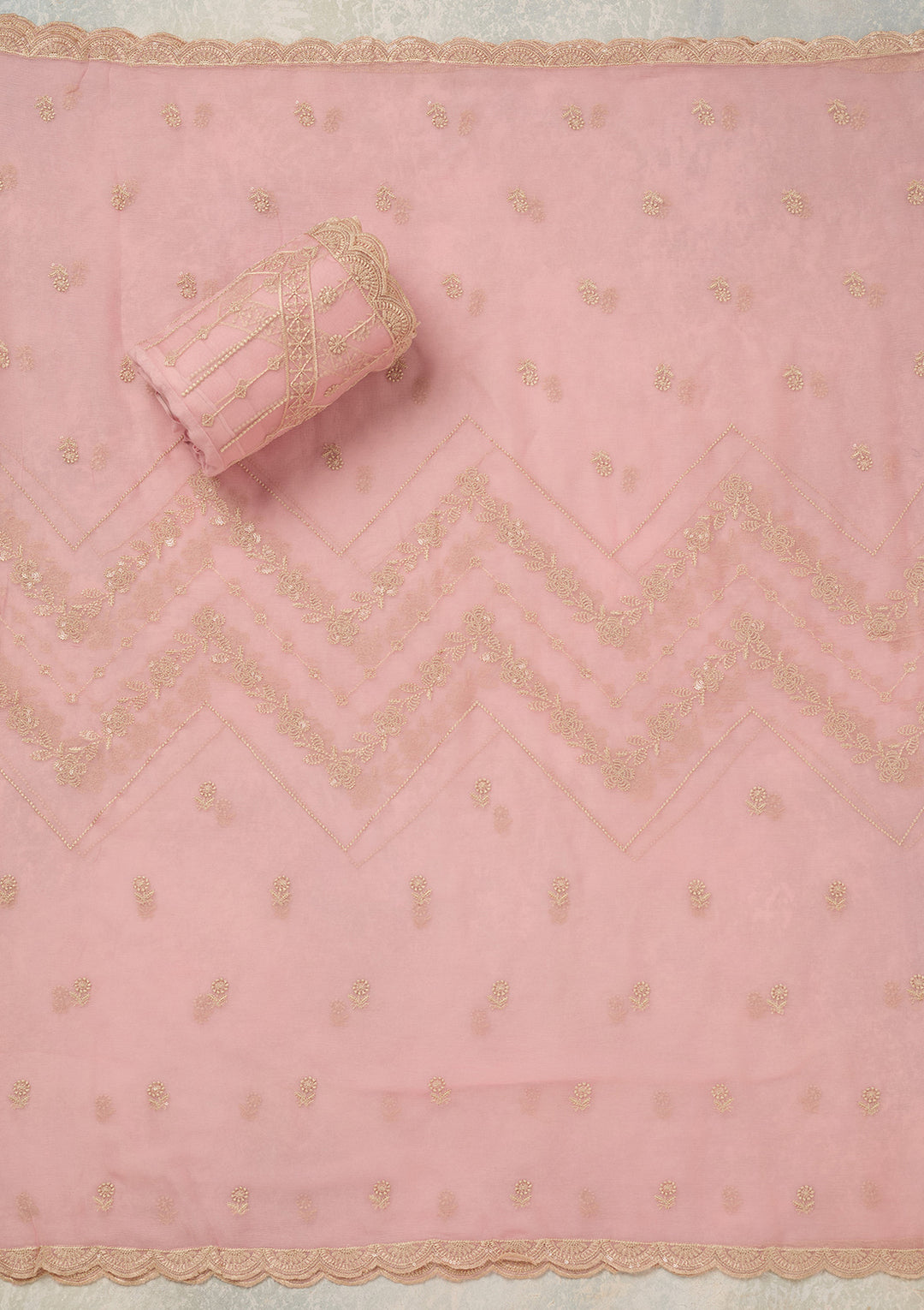 Baby Pink Threadwork Chinon Unstitched Salwar Suit