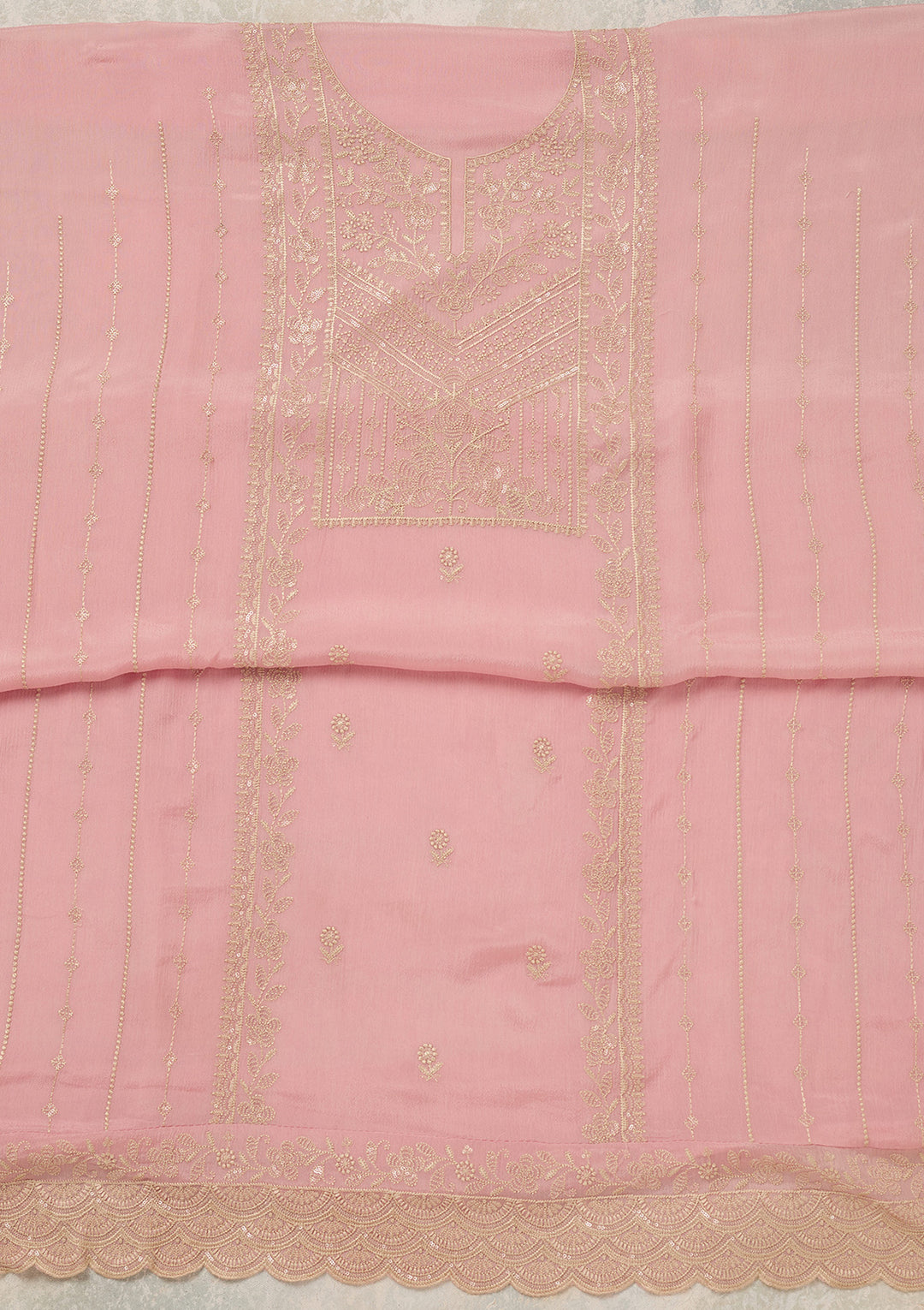 Baby Pink Threadwork Chinon Unstitched Salwar Suit