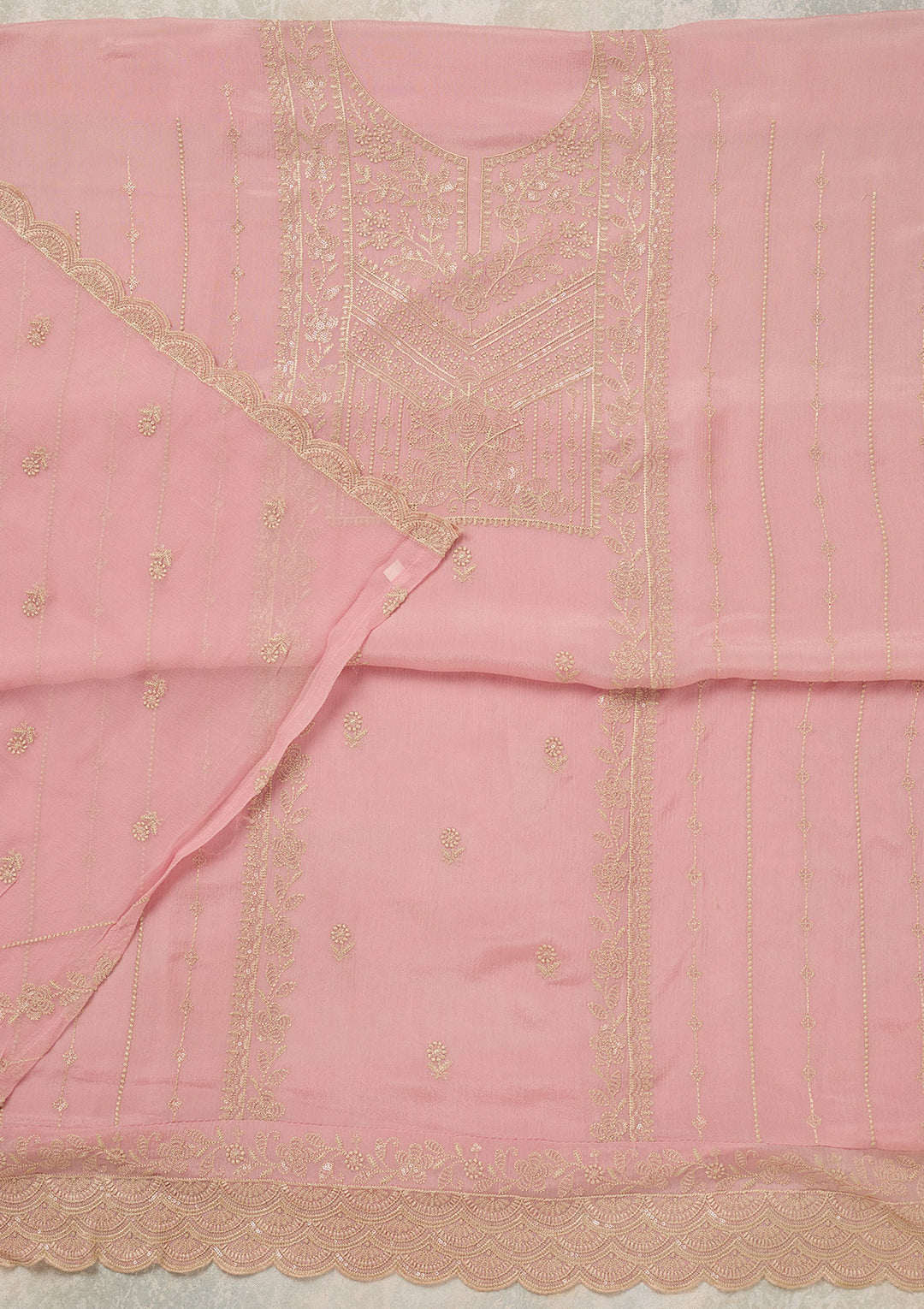Baby Pink Threadwork Chinon Unstitched Salwar Suit