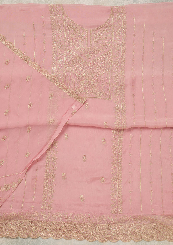 Baby Pink Threadwork Chinon Unstitched Salwar Suit