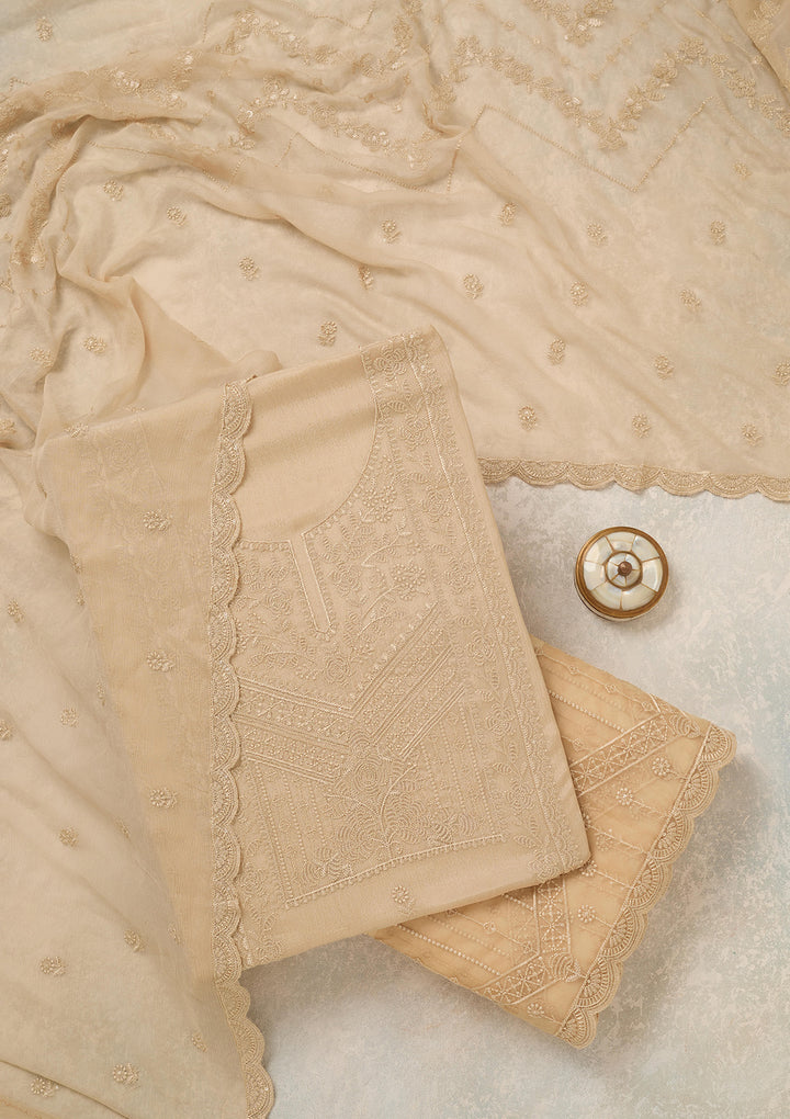 Beige Threadwork Chinon Unstitched Salwar Suit