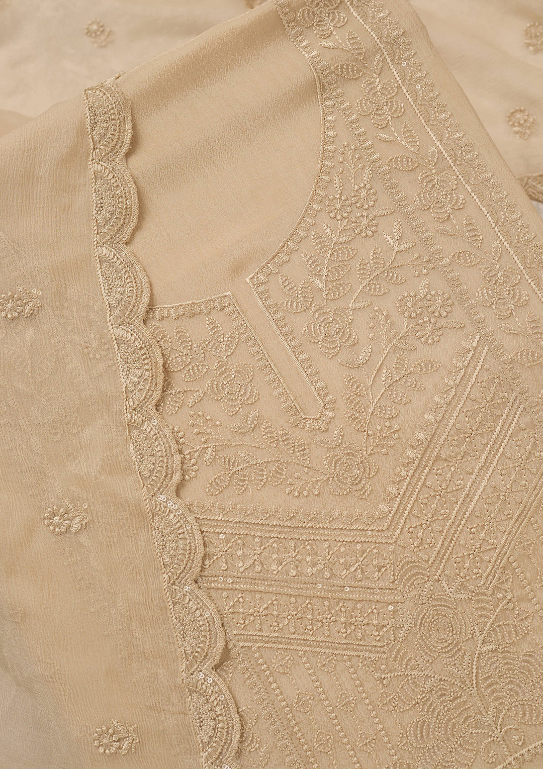 Beige Threadwork Chinon Unstitched Salwar Suit