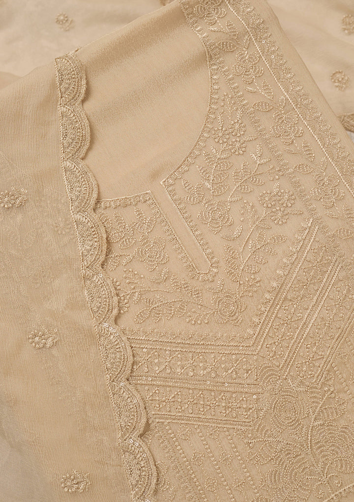 Beige Threadwork Chinon Unstitched Salwar Suit