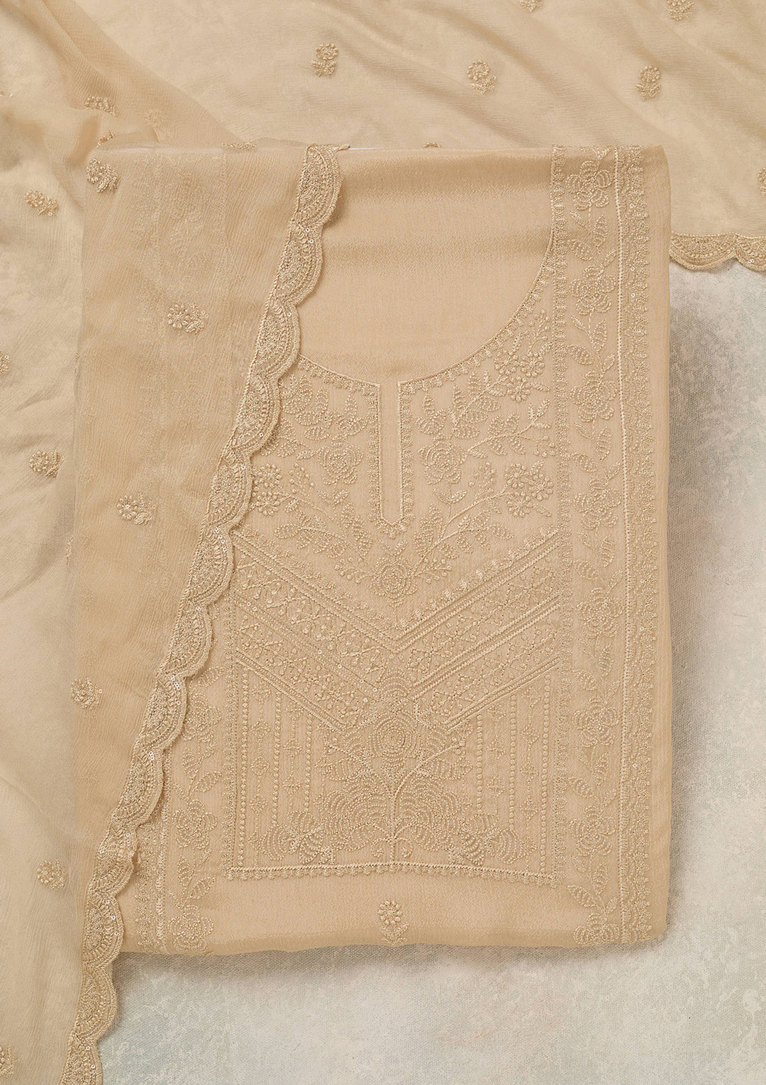 Beige Threadwork Chinon Unstitched Salwar Suit