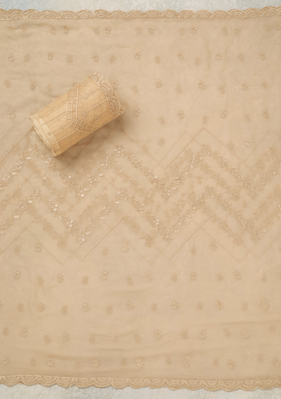 Beige Threadwork Chinon Unstitched Salwar Suit