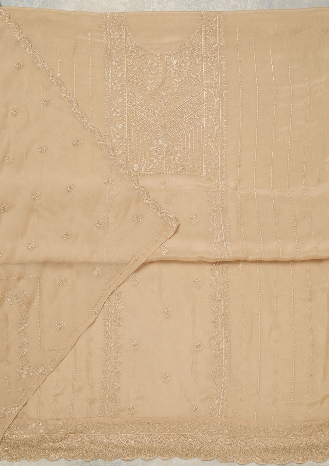 Beige Threadwork Chinon Unstitched Salwar Suit