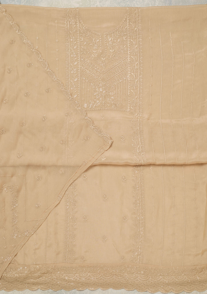Beige Threadwork Chinon Unstitched Salwar Suit