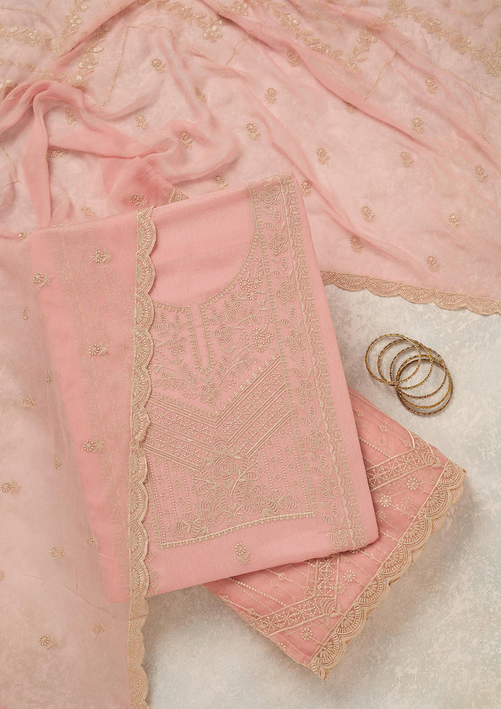 Peach Threadwork Chinon Unstitched Salwar Suit