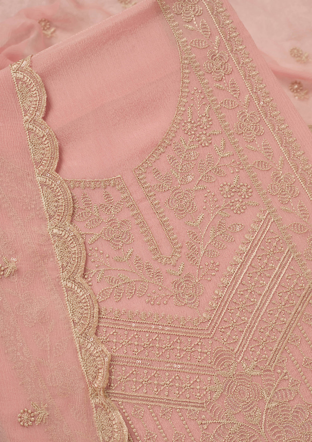 Peach Threadwork Chinon Unstitched Salwar Suit