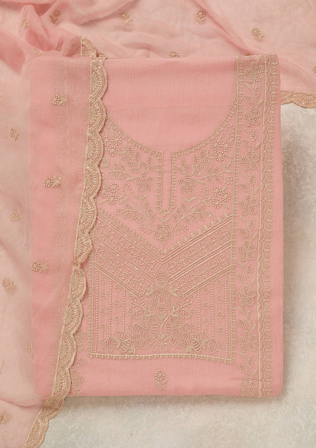 Peach Threadwork Chinon Unstitched Salwar Suit