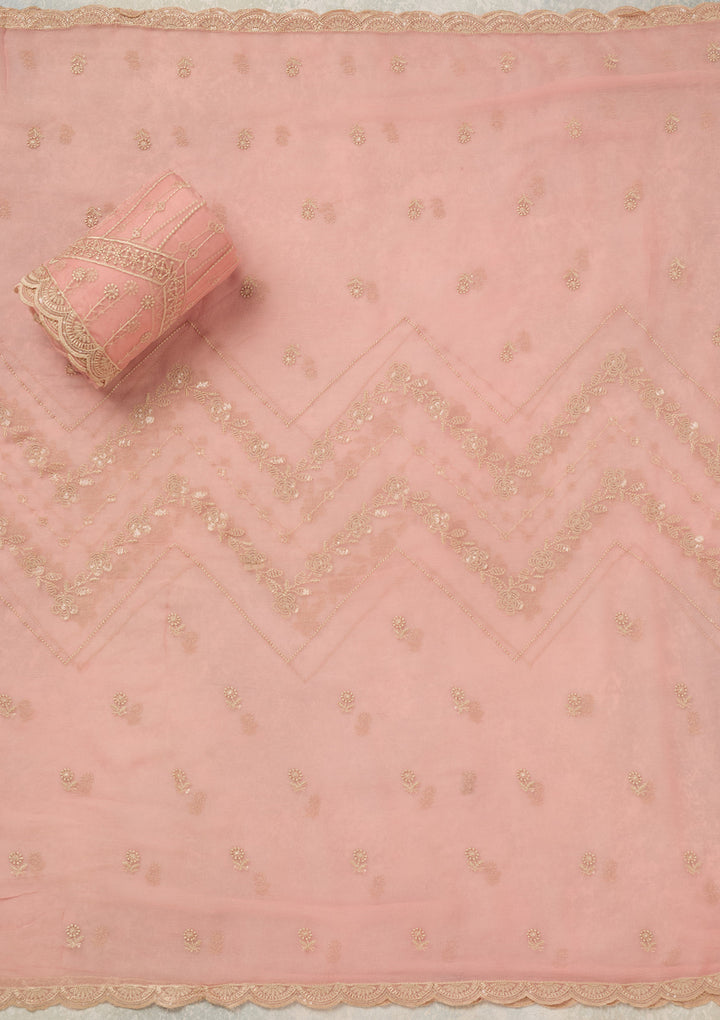 Peach Threadwork Chinon Unstitched Salwar Suit
