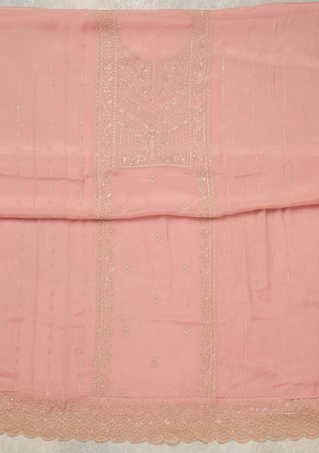 Peach Threadwork Chinon Unstitched Salwar Suit