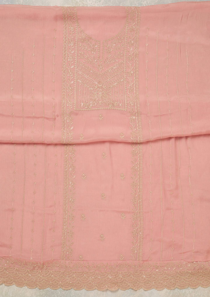 Peach Threadwork Chinon Unstitched Salwar Suit