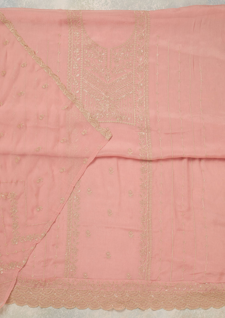 Peach Threadwork Chinon Unstitched Salwar Suit