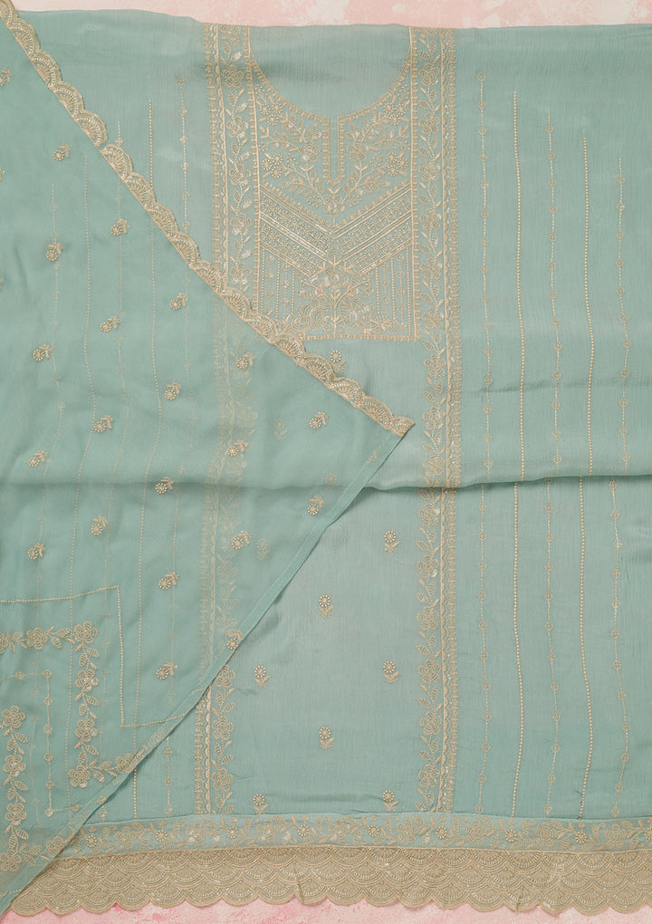 Sky Blue Threadwork Chinon Unstitched Salwar Suit
