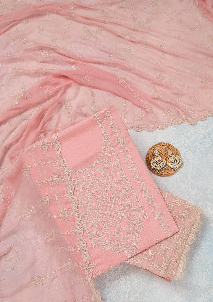 Pink Threadwork Chinon Unstitched Salwar Suit