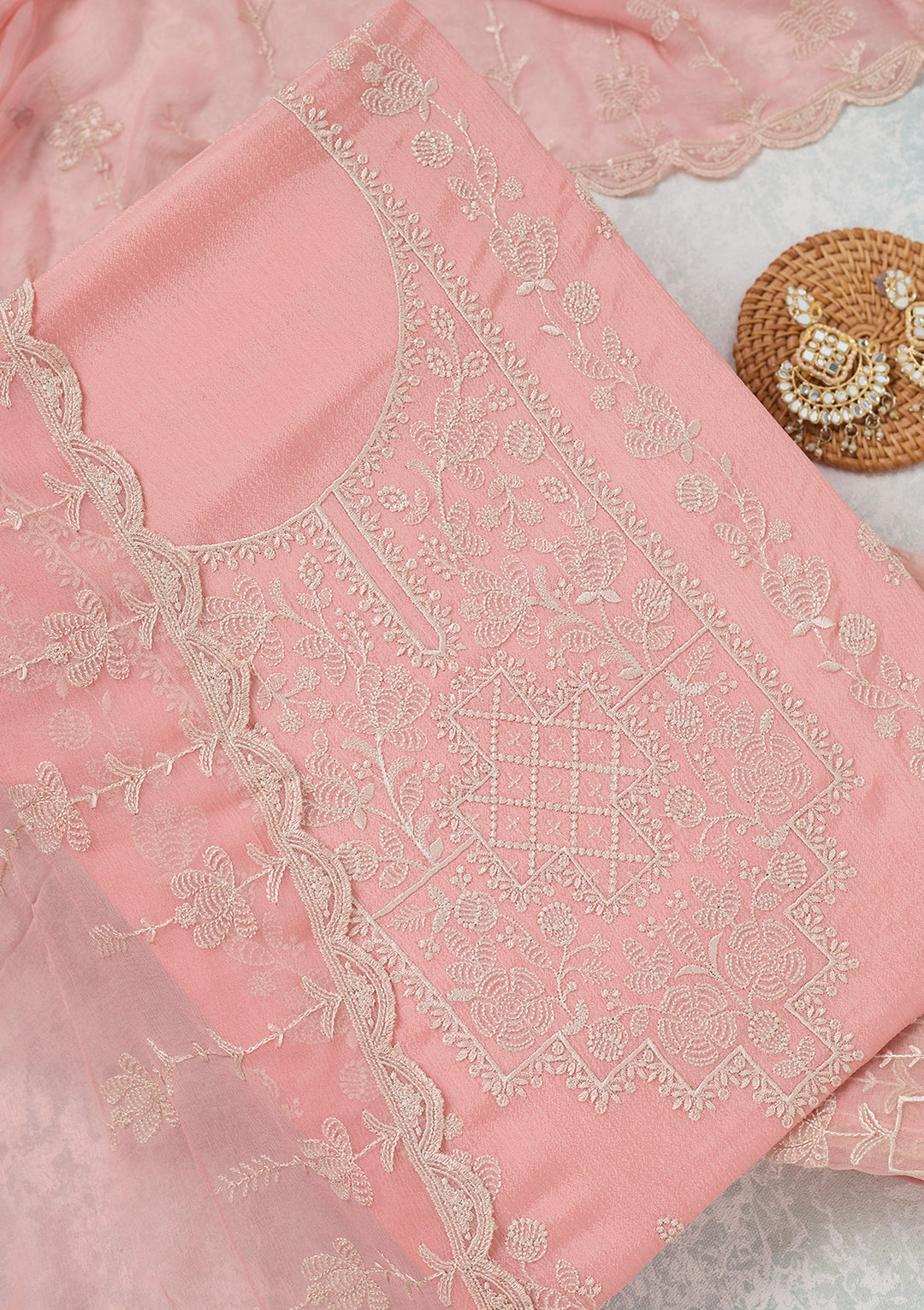 Pink Threadwork Chinon Unstitched Salwar Suit