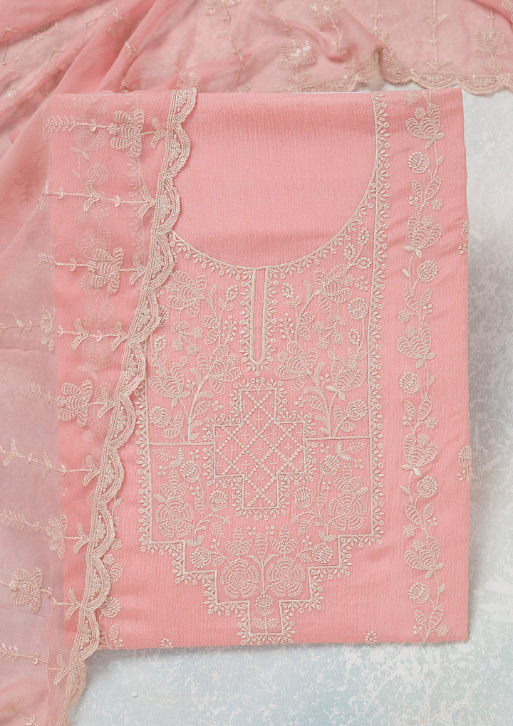 Pink Threadwork Chinon Unstitched Salwar Suit
