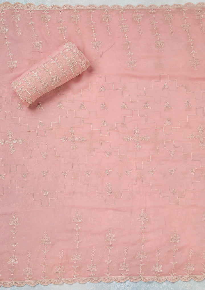 Pink Threadwork Chinon Unstitched Salwar Suit