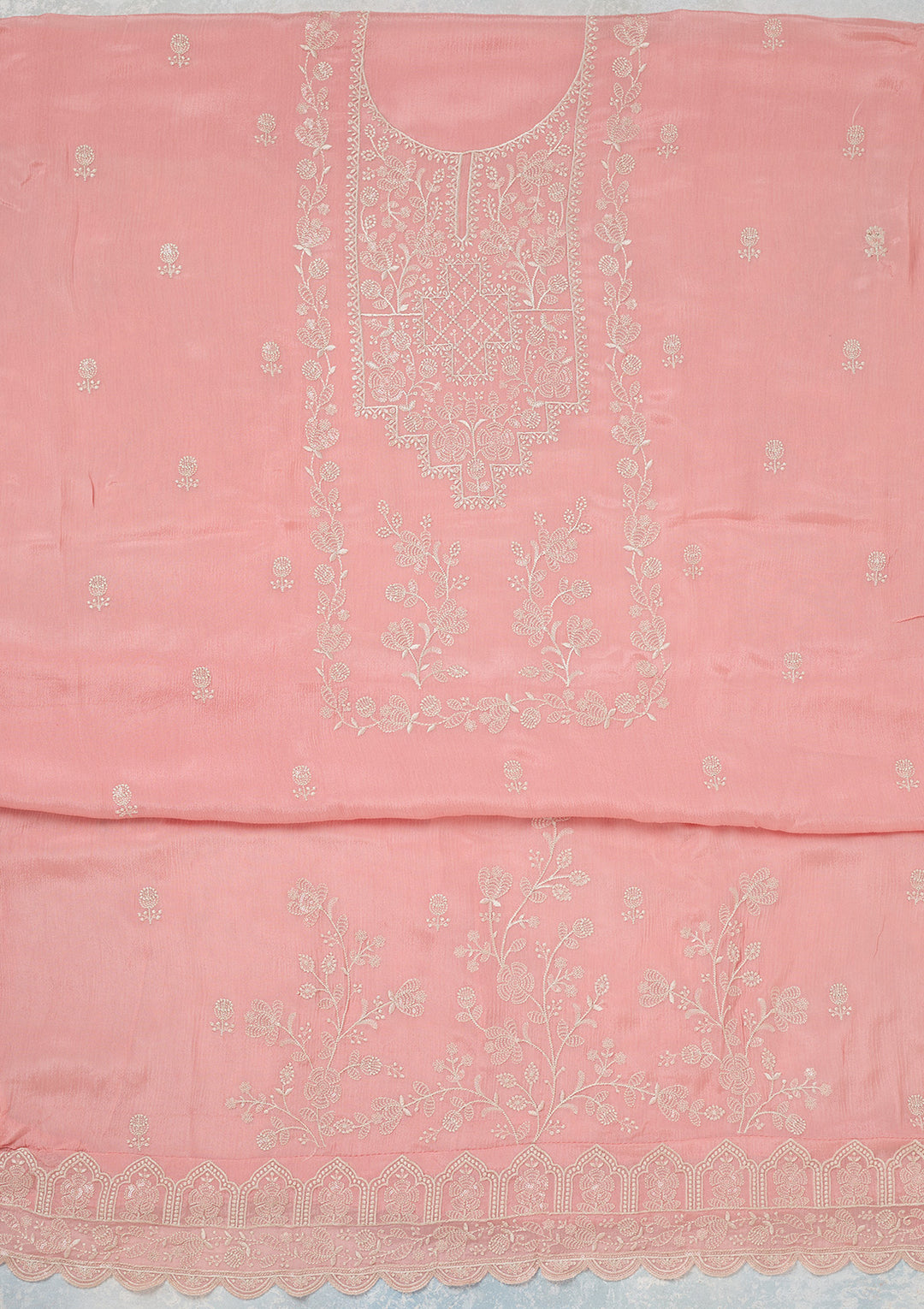 Pink Threadwork Chinon Unstitched Salwar Suit