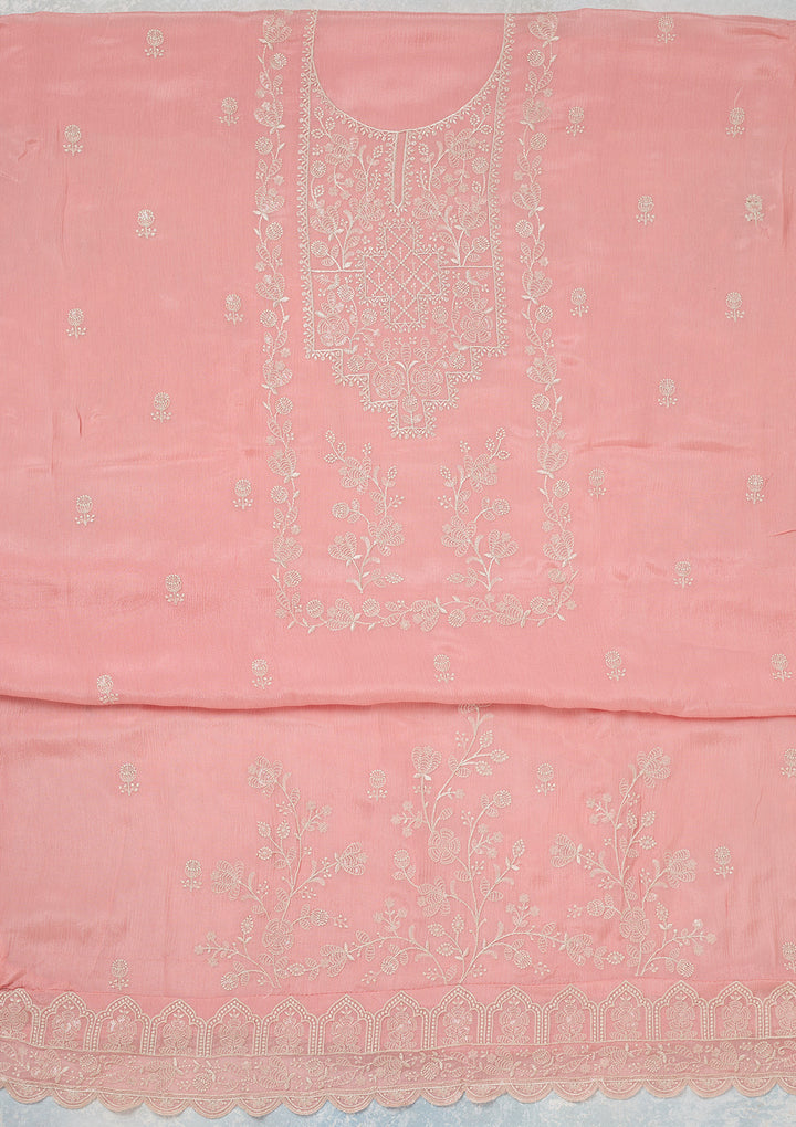 Pink Threadwork Chinon Unstitched Salwar Suit