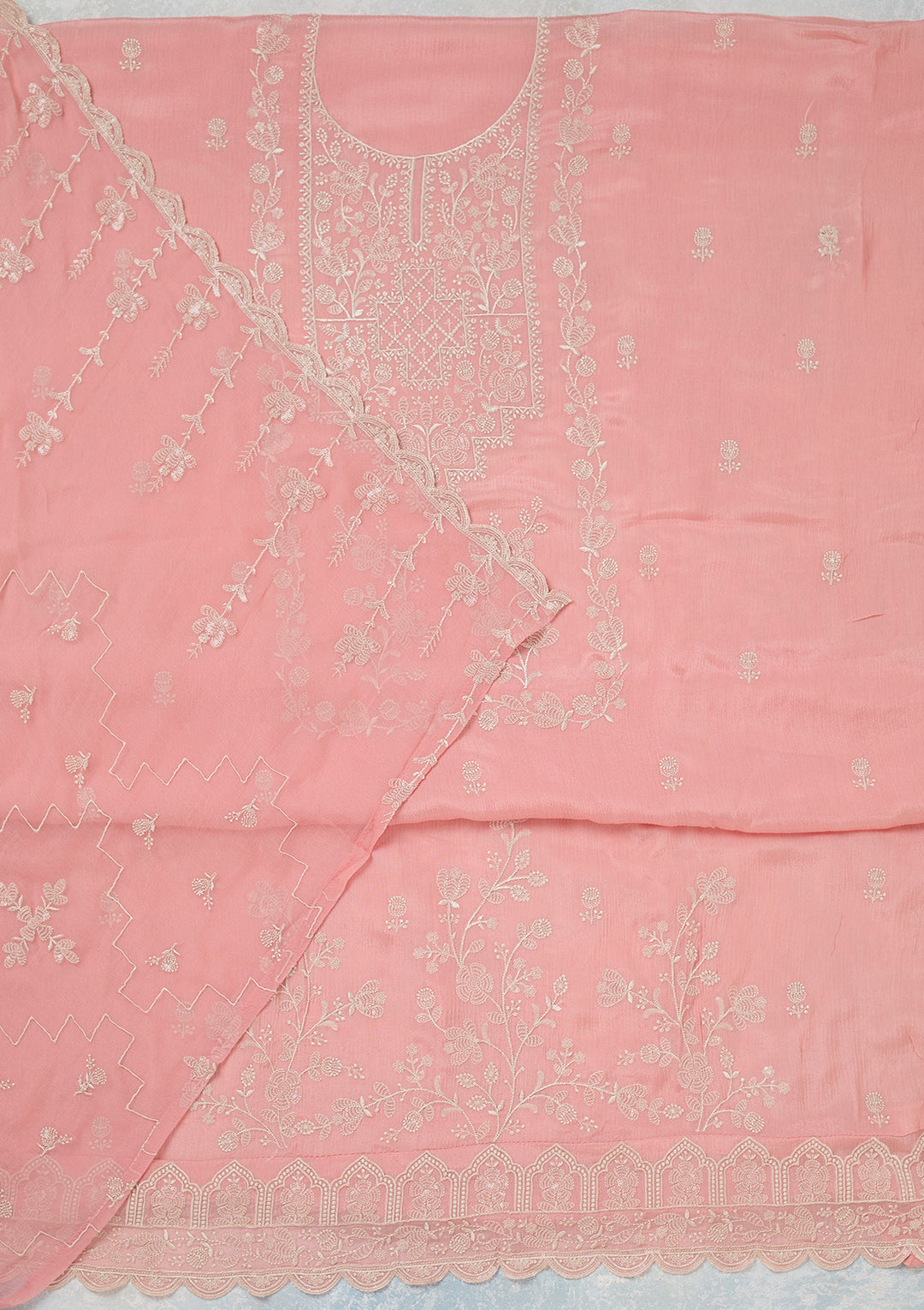 Pink Threadwork Chinon Unstitched Salwar Suit