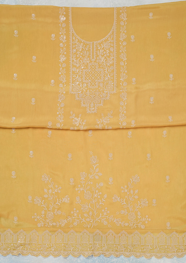 Yellow Threadwork Chinon Unstitched Salwar Suit