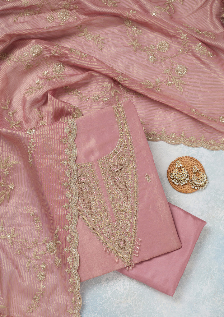 Onion Pink Zariwork (Gold) Tissue Unstitched Salwar Suit