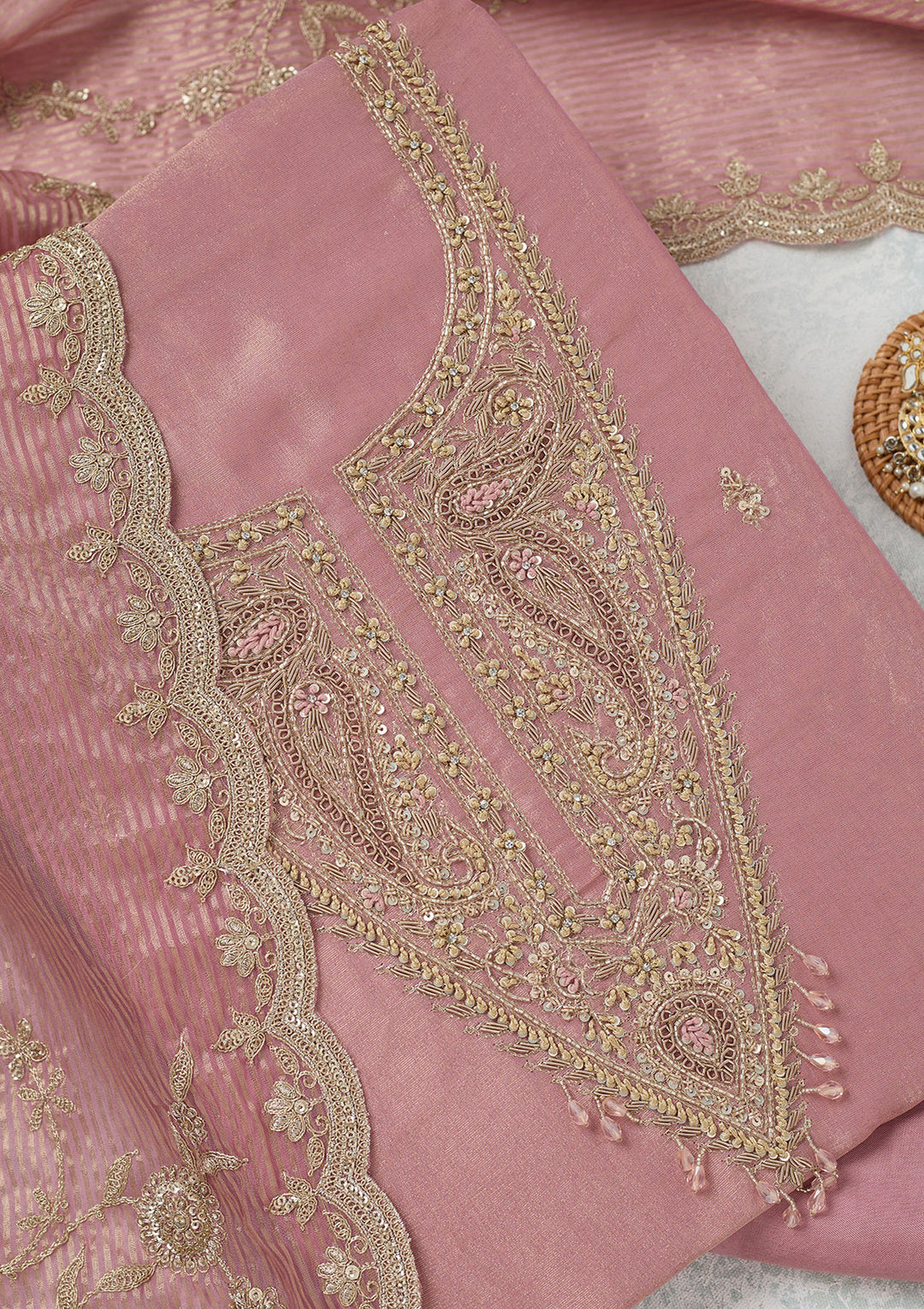 Onion Pink Zariwork (Gold) Tissue Unstitched Salwar Suit
