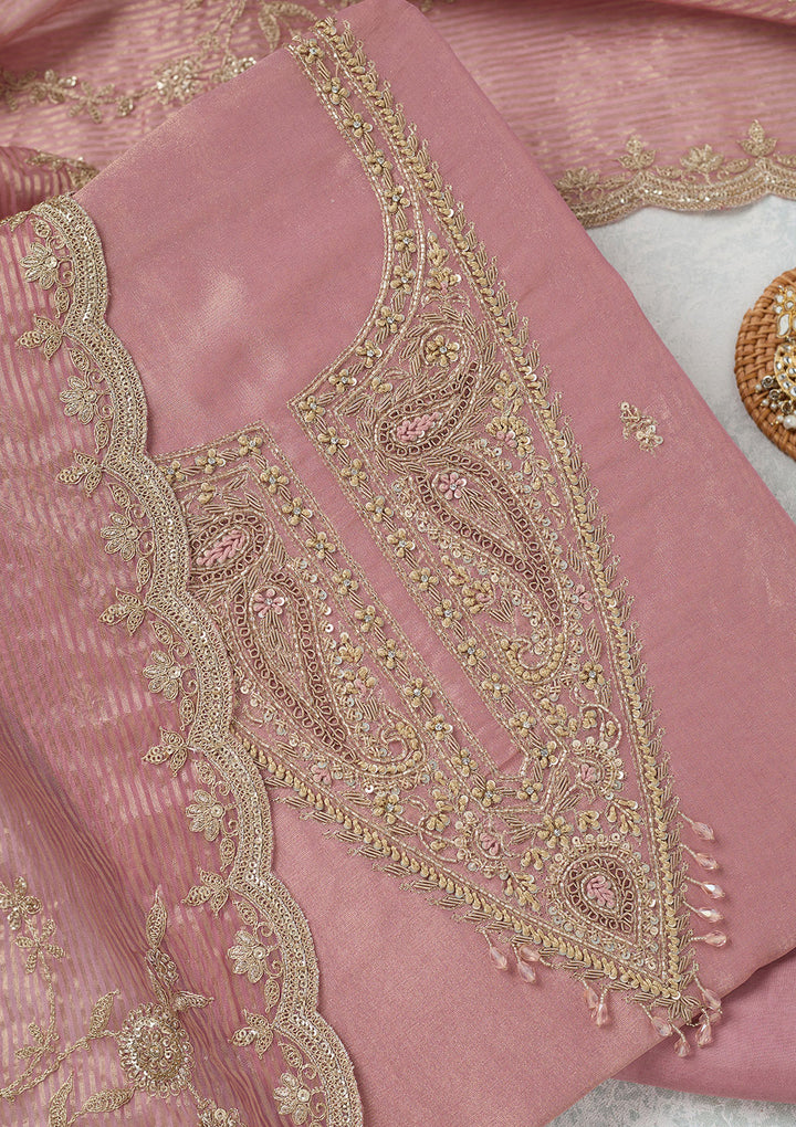 Onion Pink Zariwork (Gold) Tissue Unstitched Salwar Suit