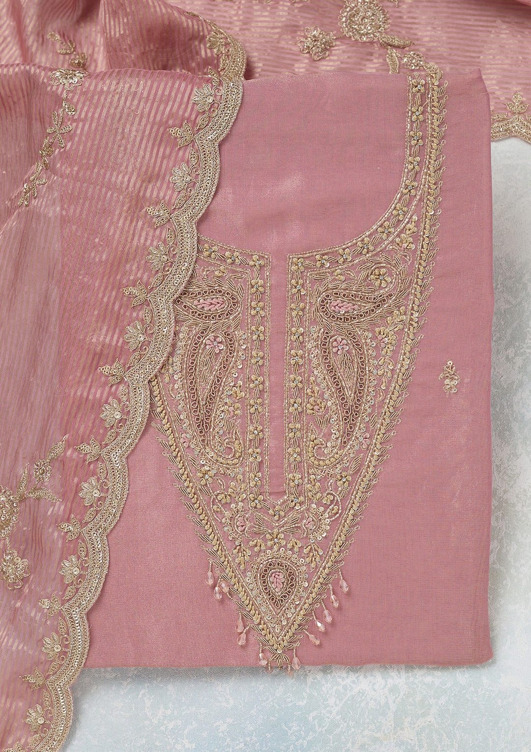 Onion Pink Zariwork (Gold) Tissue Unstitched Salwar Suit