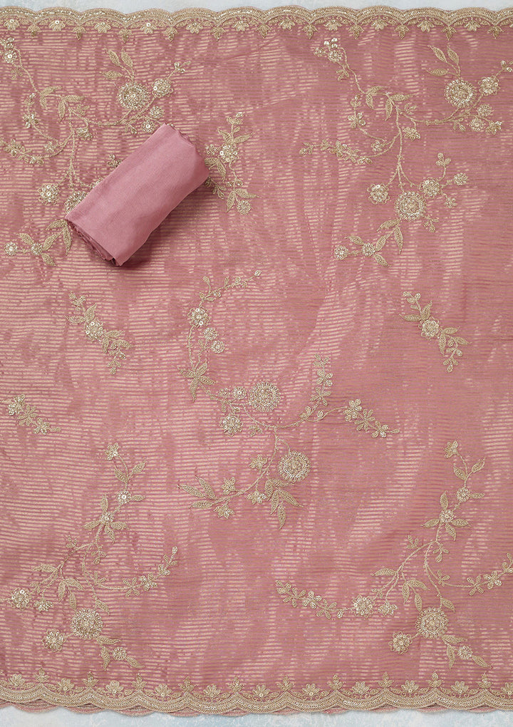 Onion Pink Zariwork (Gold) Tissue Unstitched Salwar Suit