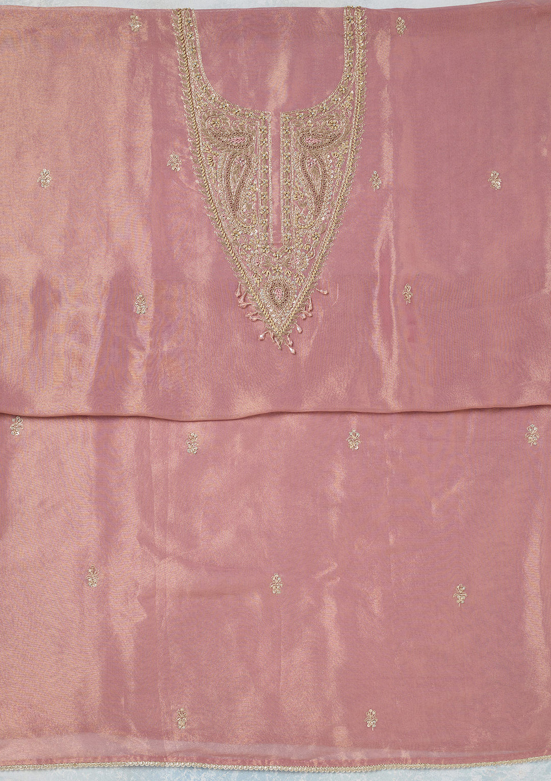 Onion Pink Zariwork (Gold) Tissue Unstitched Salwar Suit