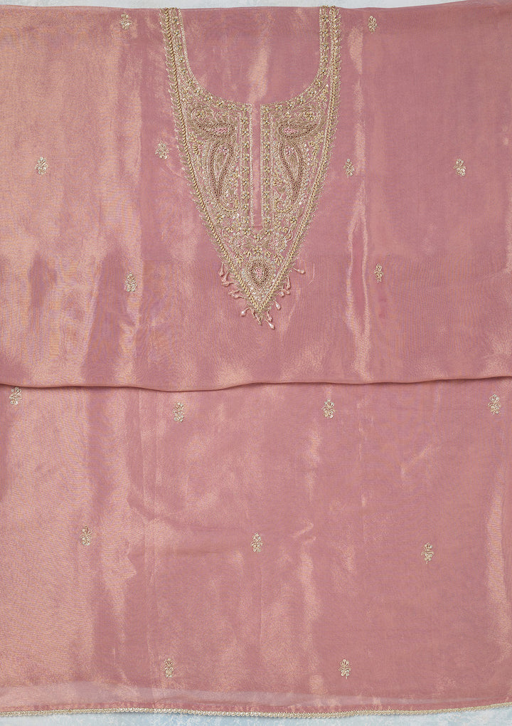 Onion Pink Zariwork (Gold) Tissue Unstitched Salwar Suit