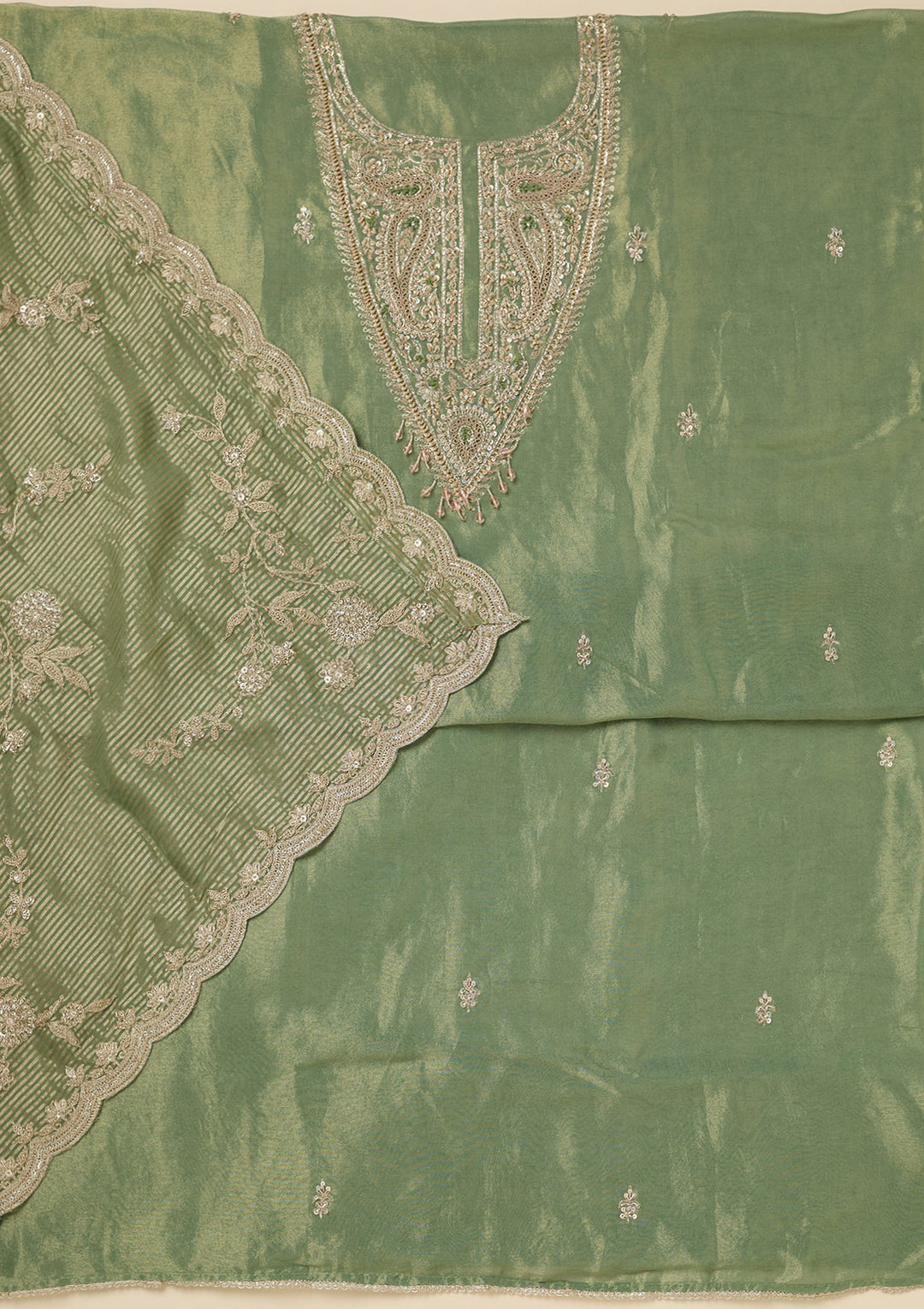 Pista Green Zariwork (Gold) Tissue Unstitched Salwar Suit
