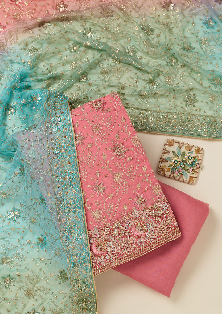 Peach Zariwork Georgette Unstitched Salwar Suit