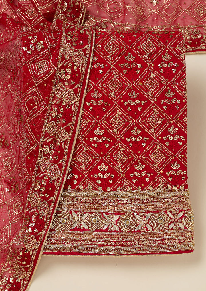Red Zariwork Georgette Unstitched Salwar Suit