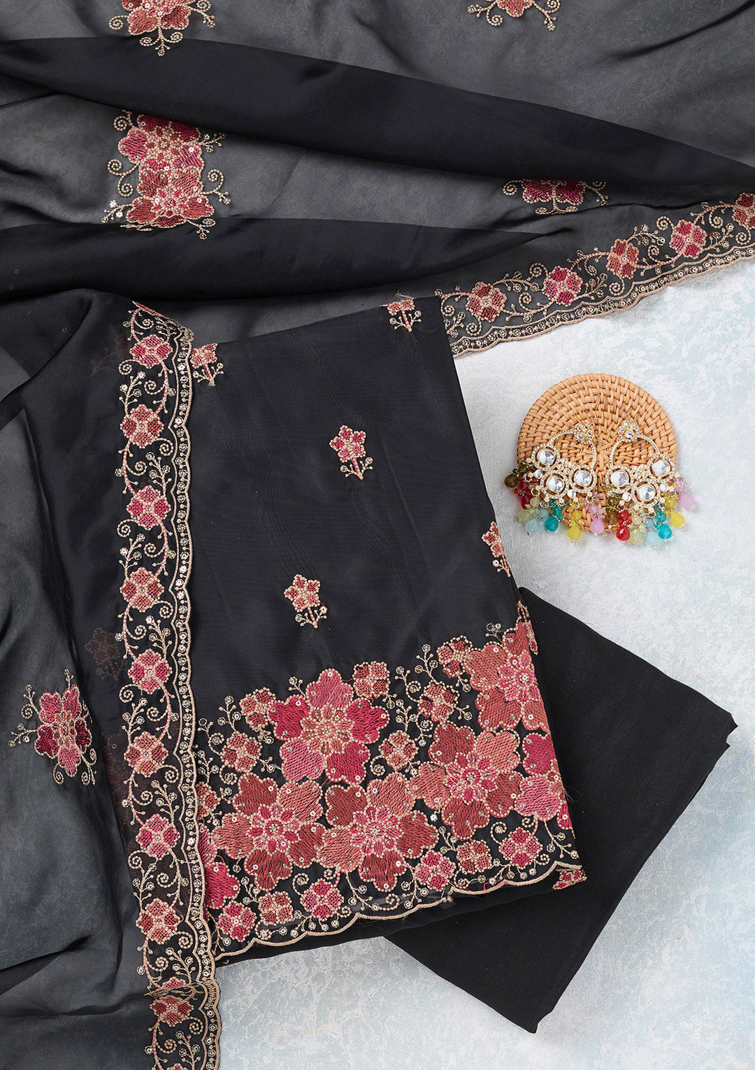 Black Zariwork Organza Unstitched Salwar Suit