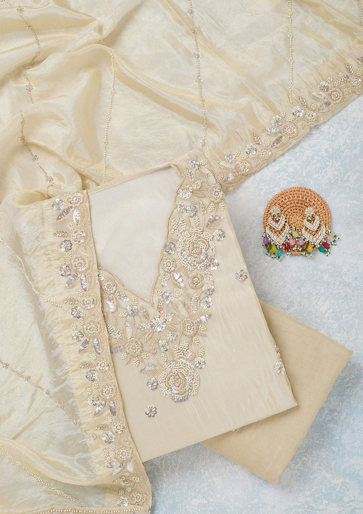 Cream Aariwork Semi Crepe Unstitched Salwar Suit
